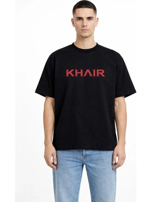 Camblys Unisex Khaır Kırmızı Yazı  Yeni Sezon Ön Baskılı Oversize Kalın Kumaş Bol Kesim Pamuklu T-Shirt