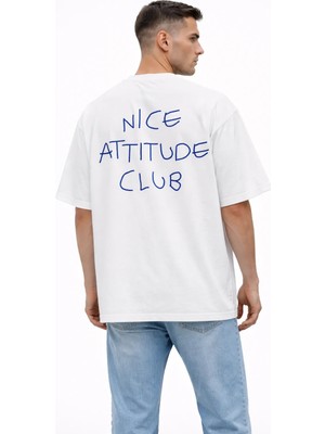 Camblys Unisex Nıce Attıtude Club El Yazı Ön Sırt Baskılı Oversize Kalın Kumaş Bol Kesim Pamuklu T-Shirt