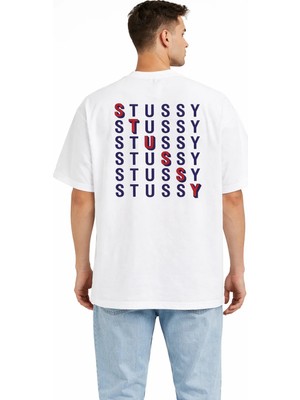 Camblys Unisex Stussy Lacivert Yazılı Yenı Sezon Baskılı Oversize Kalın Kumaş Bol Kesim Pamuklu T-Shirt