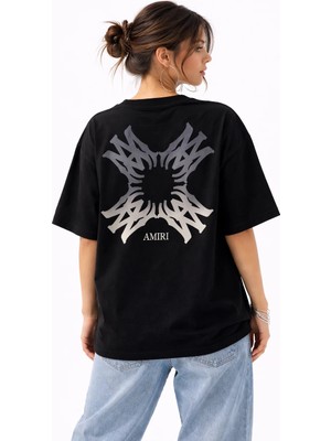 Camblys Unisex Amiri Geçiş Desenli Ön Sırt Baskılı Oversize Kalın Kumaş Bol Kesim Pamuklu T-Shirt