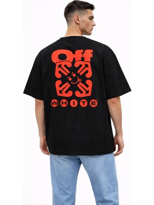 Camblys Unisex Off White Kırmızı Yeni Sezon Ön Sırt Baskılı Oversize Kalın Kumaş Bol Kesim Pamuklu T-Shirt