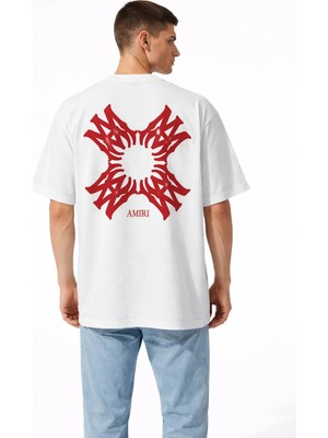 Camblys Unisex Amiri Yeni Sezon Desenli Ön Sırt Baskılı Oversize Kalın Kumaş Bol Kesim Pamuklu T-Shirt