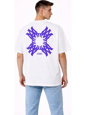 Camblys Unisex Amiri Yeni Sezon Desenli Ön Sırt Baskılı Oversize Kalın Kumaş Bol Kesim Pamuklu T-Shirt