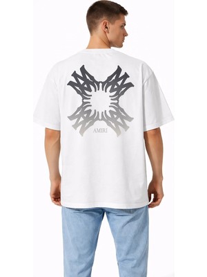 Camblys Unisex Amiri Geçiş Desenli Ön Sırt Baskılı Oversize Kalın Kumaş Bol Kesim Pamuklu T-Shirt