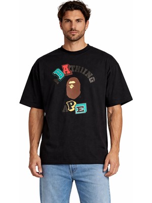 Camblys Unisex A Bathıng Ape Graffiti Yazı Ön Baskılı Oversize Kalın Kumaş Bol Kesim Pamuklu T-Shirt