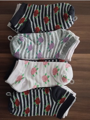 Gül Desenli Renkli Bilek Boy Bayan Patik Çorap 12'li Paket