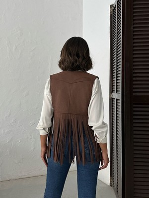 Lokadi Kadın Süet Drop Detaylı Püsküllü Yelek