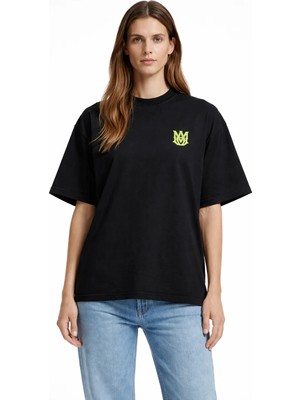 Camblys Unisex Amiri Klasik Logo Ön  Baskılı Oversize Kalın Kumaş Bol Kesim Pamuklu T-Shirt