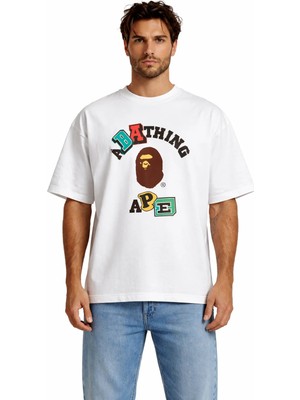 Camblys Unisex A Bathıng Ape Graffiti Yazı Ön Baskılı Oversize Kalın Kumaş Bol Kesim Pamuklu T-Shirt