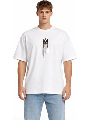 Camblys Unisex Amiri Akışkan Logo Ön Baskılı Oversize Kalın Kumaş Bol Kesim Pamuklu T-Shirt