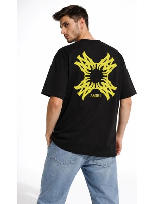 Camblys Unisex Amiri Yeni Sezon Desenli Ön Sırt Baskılı Oversize Kalın Kumaş Bol Kesim Pamuklu T-Shirt