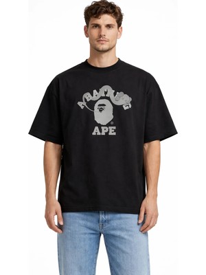 Camblys Unisex A Bathıng Ape Yılan Ön Baskılı Oversize Kalın Kumaş Bol Kesim Pamuklu T-Shirt