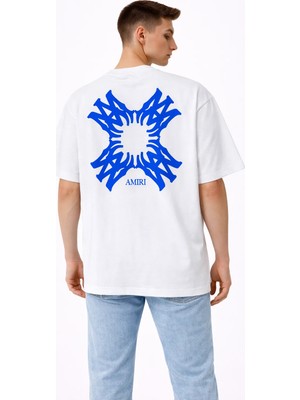 Camblys Unisex Amiri Yeni Sezon Desenli Ön Sırt Baskılı Oversize Kalın Kumaş Bol Kesim Pamuklu T-Shirt