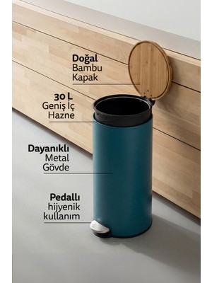 PremiumPort Şık Metal Pedallı Bambu Kapaklı 30 L Çöp Kutusu