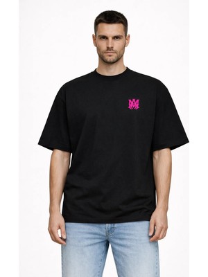 Camblys Unisex Amiri Klasik Logo Ön  Baskılı Oversize Kalın Kumaş Bol Kesim Pamuklu T-Shirt