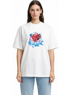 Camblys Unisex Snack Buz Küpü Baskılı Oversize Kalın Kumaş Bol Kesim Pamuklu T-Shirt