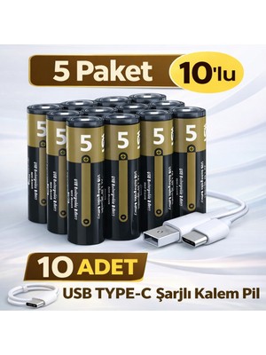 Azurtech USB Type-C Şarjlı Aa Kalem Pil 1.5V – 5 Paket 10’lu (10 Adet) Lityum Pil