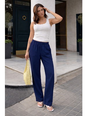 Damga Kadın Trend Premium Bol Lacivert Keten Pantolon