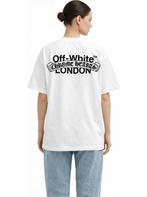 Camblys Unisex Off White Chrome Heart London Sırt Ön Baskılı Oversize Kalın Kumaş Bol Kesim Pamuklu T-Shirt