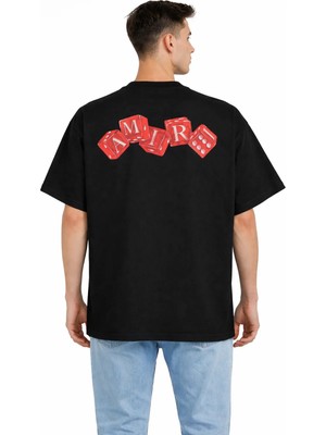 Camblys Unisex Amiri Kırmızı Zar Ön Sırt Baskılı Oversize Kalın Kumaş Bol Kesim Pamuklu T-Shirt