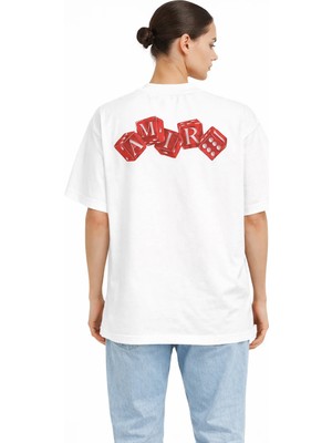 Camblys Unisex Amiri Kırmızı Zar Ön Sırt Baskılı Oversize Kalın Kumaş Bol Kesim Pamuklu T-Shirt