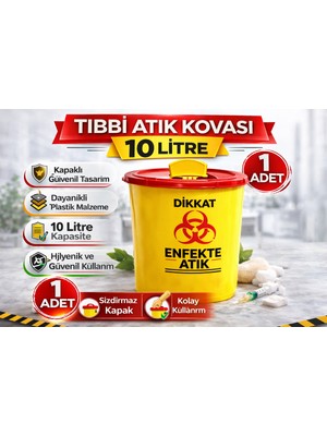 PremiumPort 10 Litre Tıbbi Atık Kovası, Kapaklı, Enfekte Atık Için Güvenli Çözüm