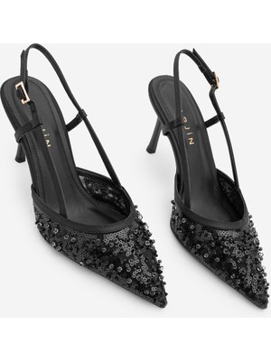 Marjin Kadın Stiletto Sivri Burun Pullu Boncuklu Fileli Atkılı Klasik Topuklu Ayakkabı Daruka Siyah Saten