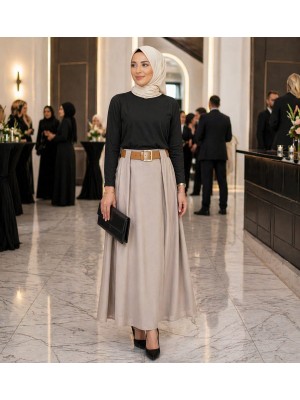 Lubiti Kemerden Pilelli Krep Uzun Kloş Etek/