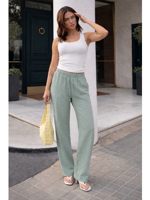 Damga Kadın Trend Premium Bol S.yeşil Keten Pantolon