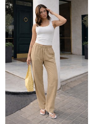 Damga Kadın Trend Premium Bol Bej Keten Pantolon