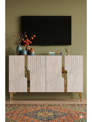Yumedi Design KA1228BTG - Meba Konsol, Tv Sehpası, Çok Amaçlı Dolap ve Kahve Köşesi 120CM Beyaz-Traverten-Gold