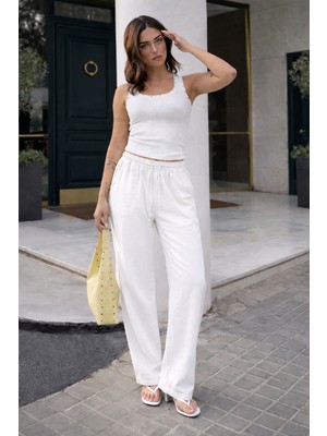 Damga Kadın Trend Premium Bol Beyaz Keten Pantolon