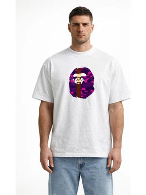 Camblys Unisex A Bathıng Ape Mor Kamuflaj Ön Baskılı Oversize Kalın Kumaş Bol Kesim Pamuklu T-Shirt
