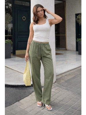 Damga Kadın Trend Premium Bol Yeşil Keten Pantolon