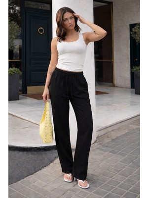 Damga Kadın Trend Premium Bol Siyah Keten Pantolon