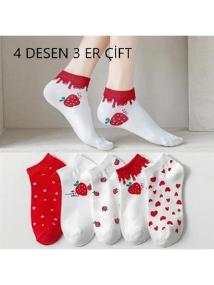 Pamuklu Çilekli Desenli Karışık Renkli Patik Çorap 12'li Paket 4 Desen 3'er Çift