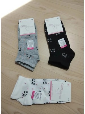 Bayan Kedi Desenli Karışık Renk Mevsimlik Pamuklu Patik Çorap 12'li Paket