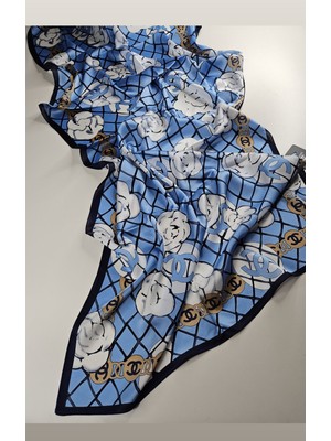 Buscarfs Çiçekli Mavi Ipek Şal