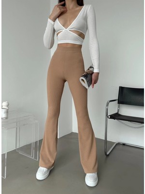 Die Grup Şık ve Rahat Yüksek Bel Ispanyol Paça Fitilli Toparlayıcı Bej Tayt