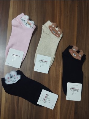 Tüylü Kedi Desenli 4 Renk Pamuklu 200 Iğne Sık Dokuma 12 Çift Patik Çorap