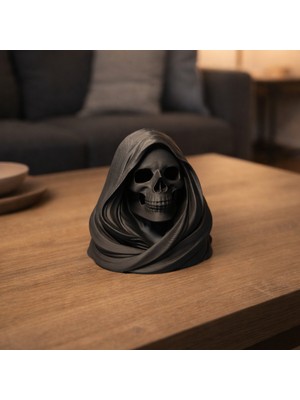 Modela Kapüşonlu Kuru Kafa Figürü | Modern Gotik Dekor | Minimalist Skull Obje