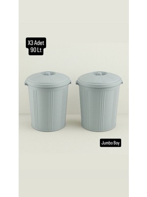 PremiumPort 3’lü 90 Lt Kapaklı Yuvarlak Plastik Çöp ve Su Kovası Gri Seti