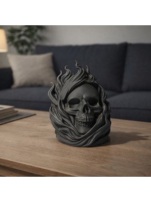 Modela Alevli Kafatası Dekoratif Biblo | Burning Skeleton Head | Gotik Masa & Raf Dekoru