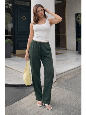 Damga Kadın Trend Premium Bol K.haki Keten Pantolon