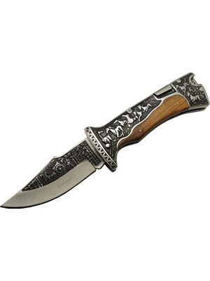 SHC4200 A3189C Kahve Kamp Çakısı 23CM- Manuel, At Işlemeli Ahşap Sap, Özel Kutulu, Kılıflı
