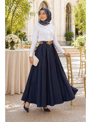 Lubiti Kemerden Pilelli Krep Uzun Kloş Etek/