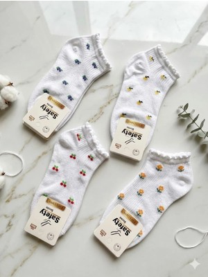 Beyaz Renkli Meyveli Desenli Pamuklu 12 Çift Patik Çorap