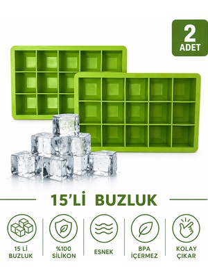 Evolis Kitchen 2 Adet 15 Bölmeli Büyük Boy Silikon Buz Kalıb-Kare Buzluk Kokteyl Sunum Buz Kalıbı Et Suyu Saklama