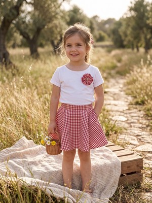 Dudese Kız Çocuk Kırmızı Pötikare Etek ve Çiçek Detaylı Beyaz Tişört Takım