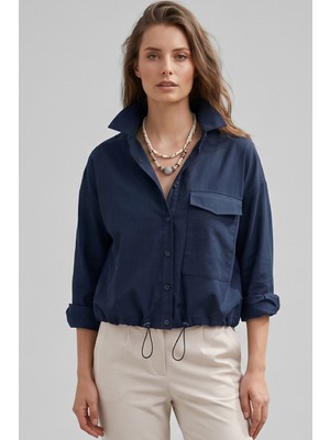 goffra Kadın Form Çıtçıtlı Gömlek Ayarlanabilir Bel Şık Rahat Kesim Lacivert W201-K0304-02
